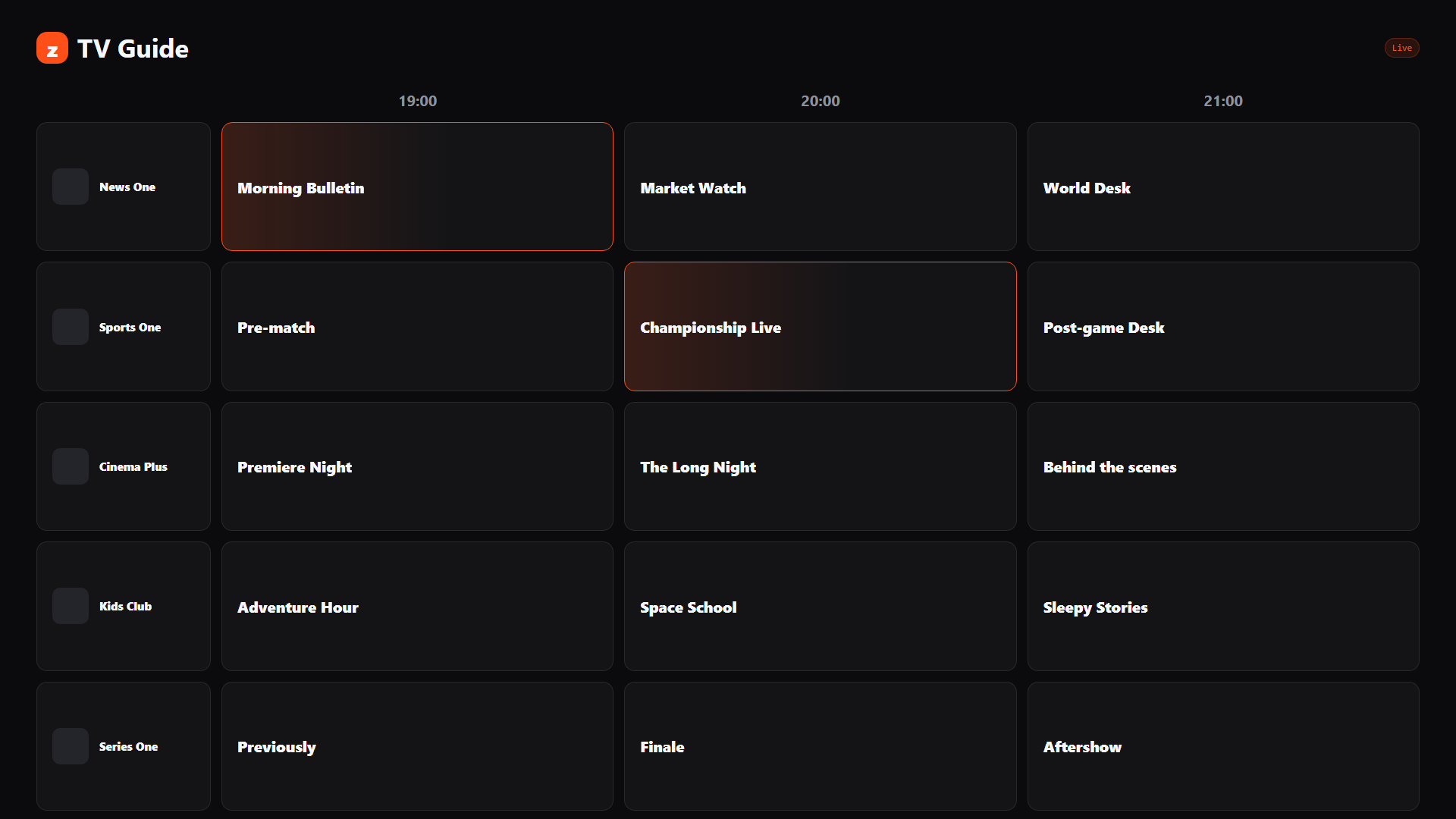 Actual zabb TV guide screenshot